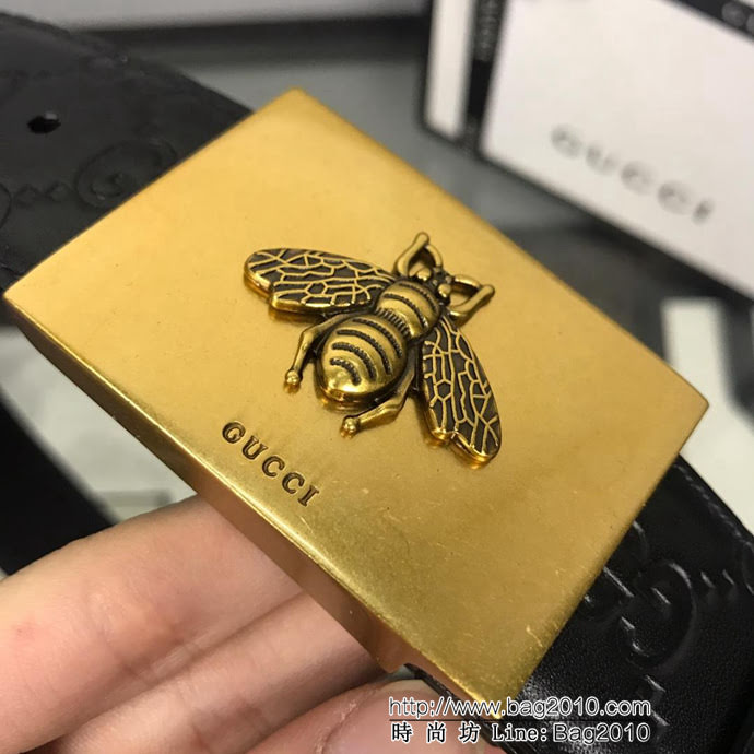 GUCCI古馳 官網新款 正品規格 原單品質 頭層小牛皮壓花 對版尖尾 復古蜜蜂板扣 男士皮帶  xfp1090